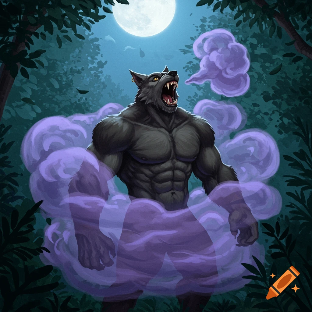 A muscular werewolf howls under a full moon in a dark forest, surrounded by purple smoke, in a stylized illustration.