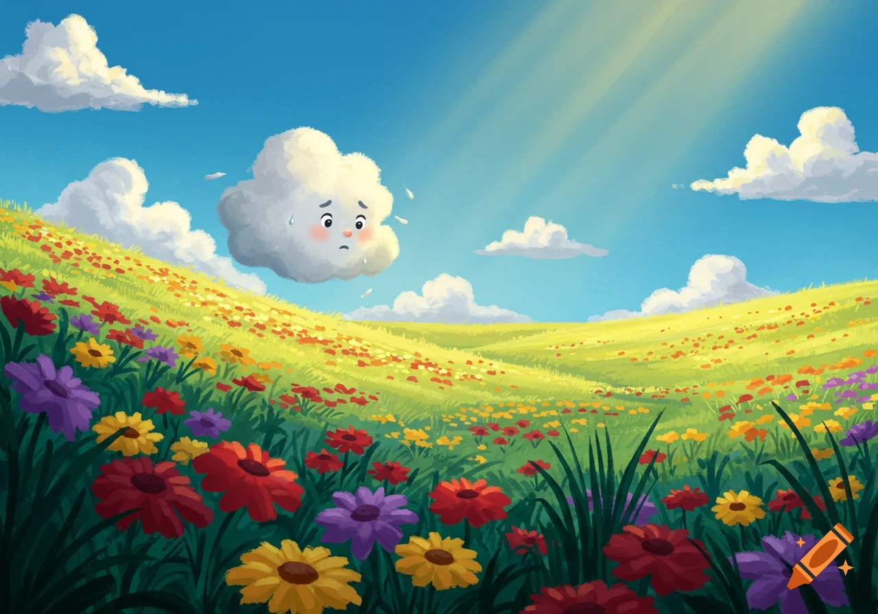 A worried cartoon cloud floats above a vibrant valley filled with colorful flowers under a bright blue sky, storybook illustration.