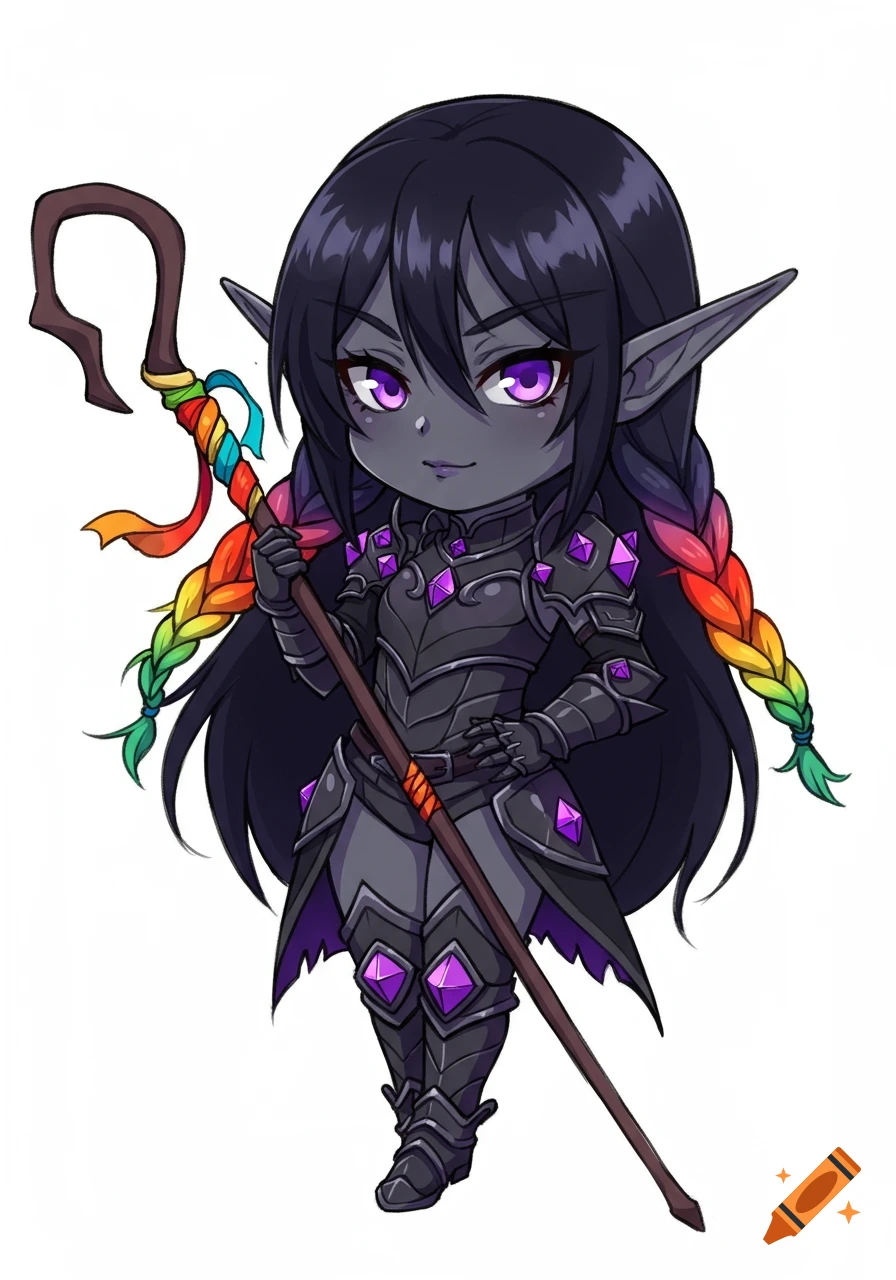 Chibi dark elf woman with gray skin, purple eyes, black hair, rainbow braids, wearing black armor with purple crystals, holding a rainbow staff. Cartoon style.