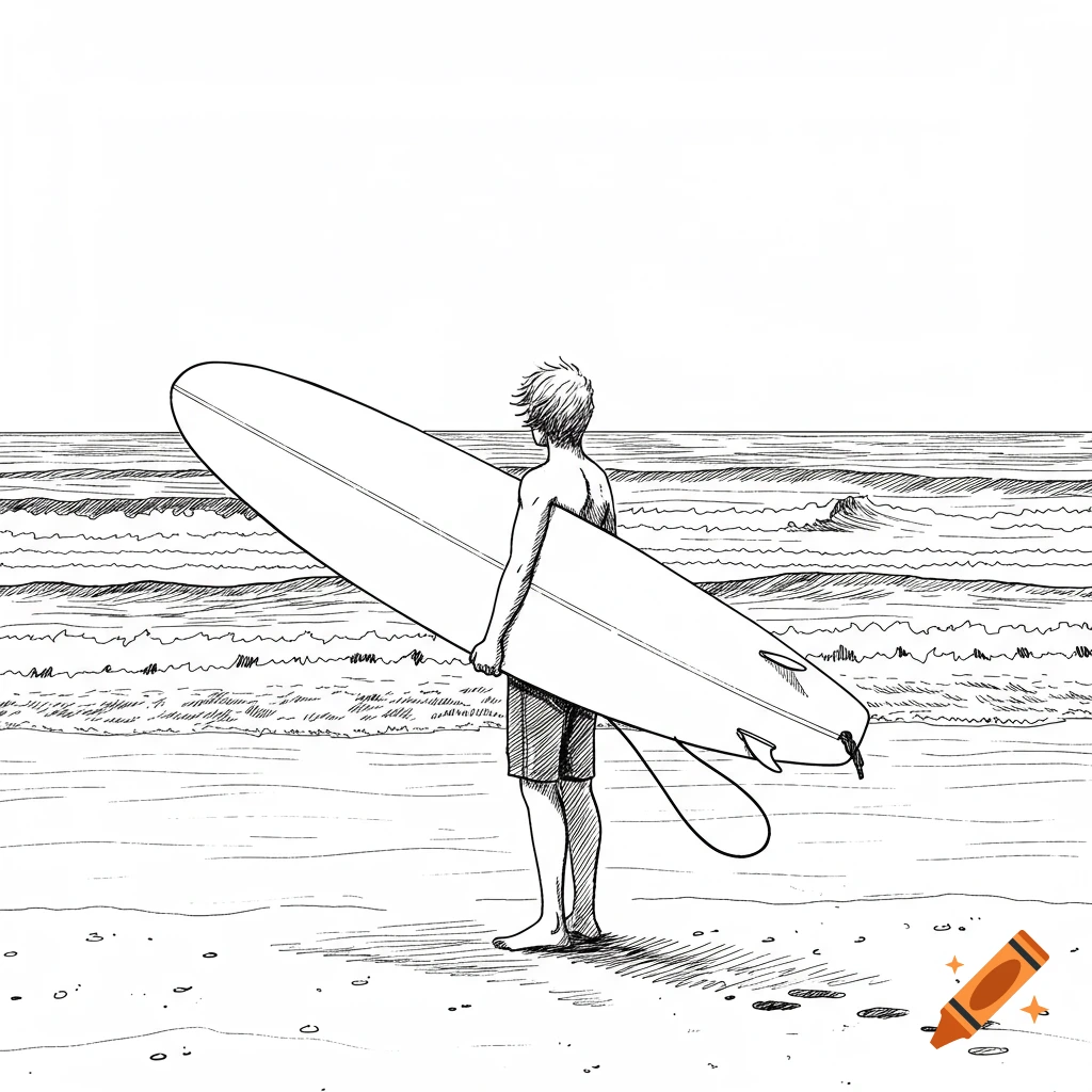 A surfer with a longboard on a sandy beach, looking at the ocean in a black and white pen-and-ink style.