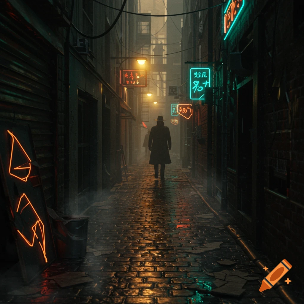 A person in a trench coat and fedora walks down a misty, wet cobblestone alley lined with tall buildings and bright neon signs at night.
