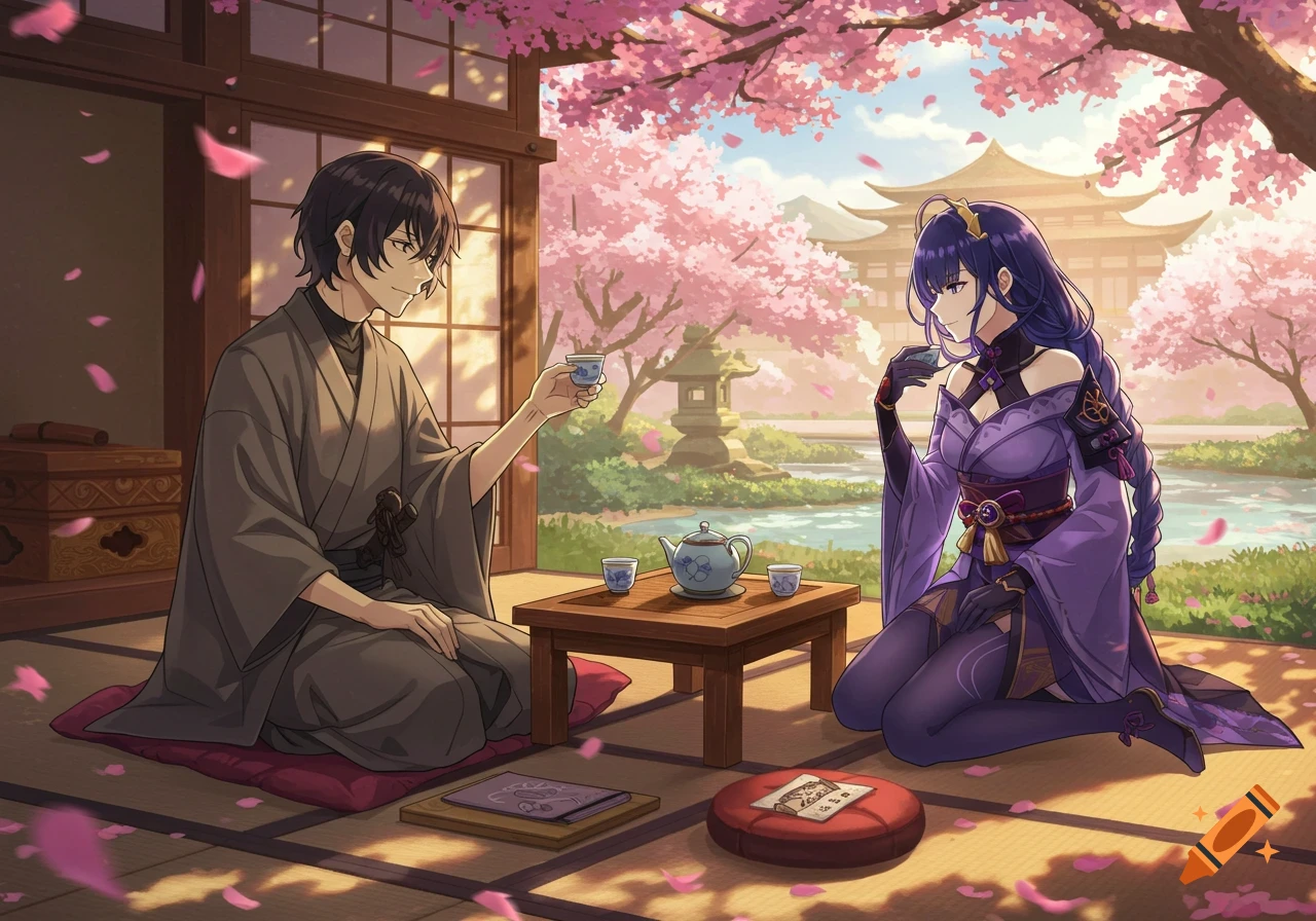 Anime-style characters, a man and a woman, drink tea in a traditional Japanese setting with cherry blossoms and a pagoda.