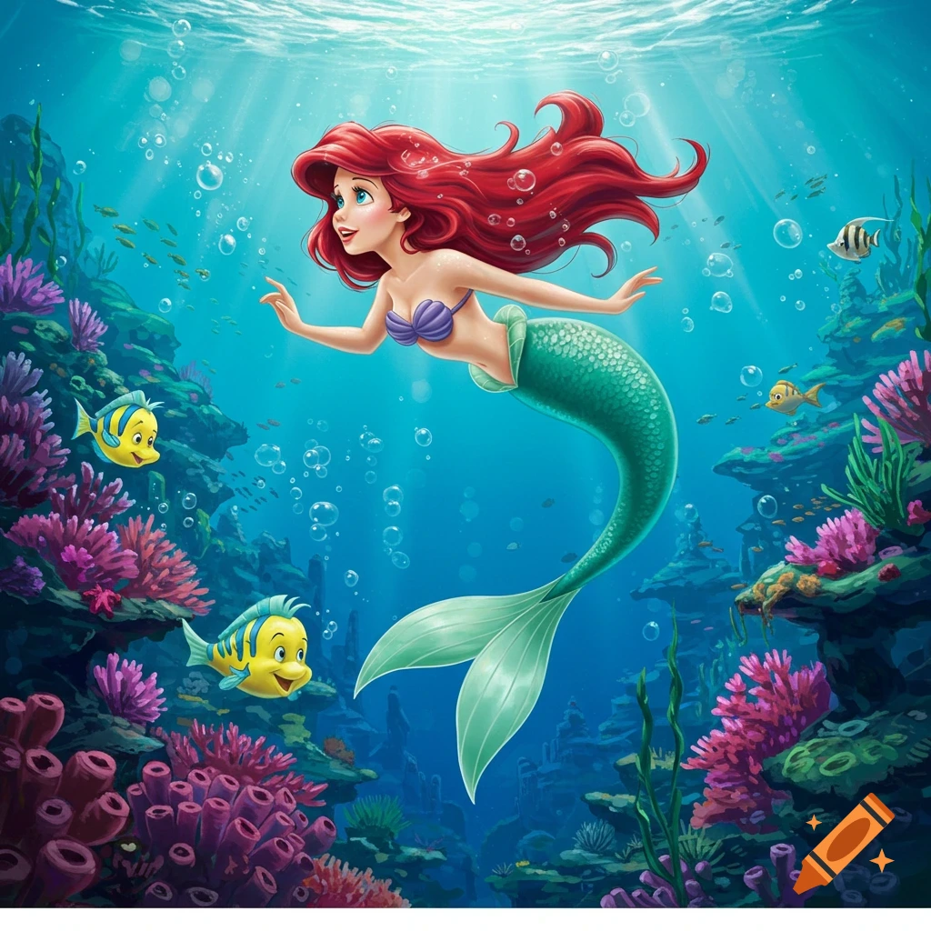 A red-haired mermaid in a purple shell top and green tail swims underwater with two yellow fish among vibrant coral reefs.