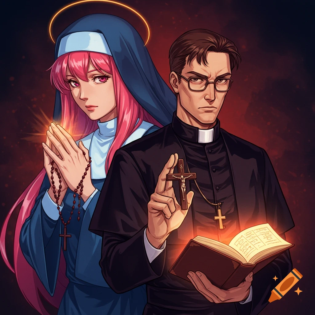 Anime illustration of a pink-haired nun praying with a rosary and a priest holding a glowing bible and crucifix.