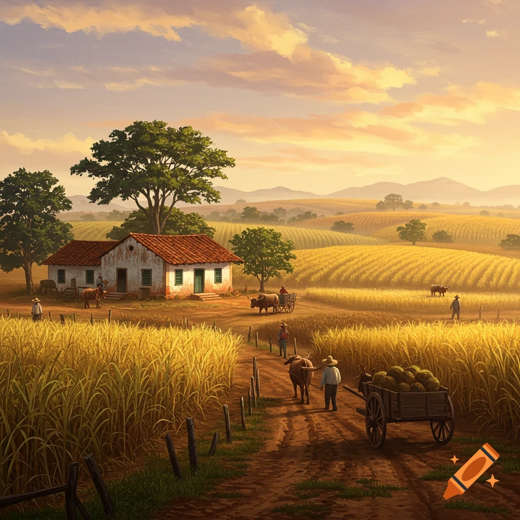 Painting of a golden rural landscape at sunset with houses, fields, farmers, and oxen pulling carts.