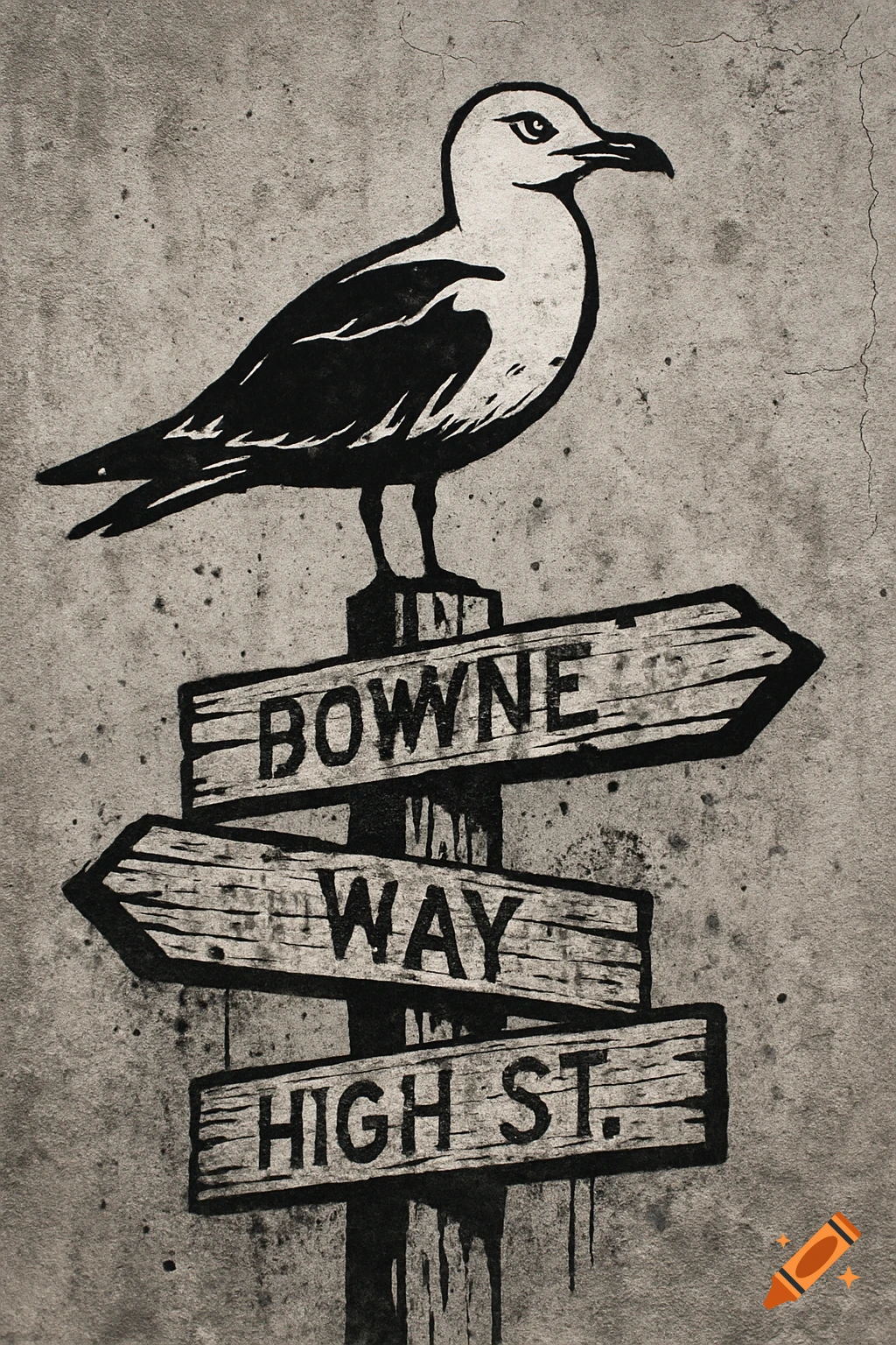 A black and white stencil art of a seagull perched on a signpost pointing to "BOWNE", "WAY", and "HIGH ST."