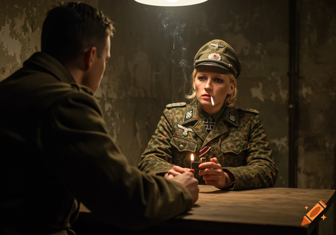A blonde woman in a WWII German officer's uniform smokes a cigarette, holding a lit lighter. She sits across a table from a man in uniform, in a dimly lit, gritty room.