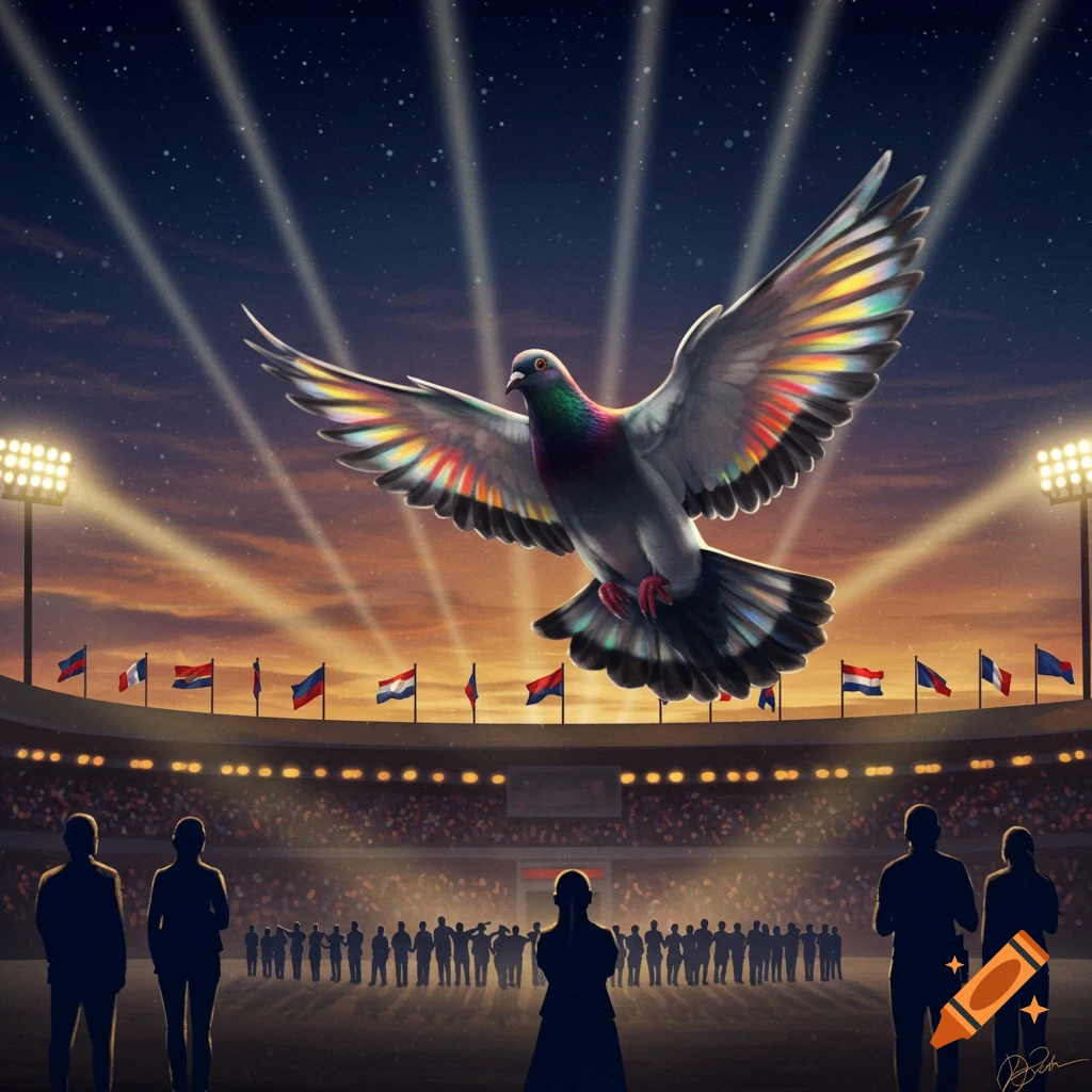 A majestic pigeon with rainbow wings soars over a stadium filled with spectators and flags, illuminated by spotlights against a starry night sky. Illustration.