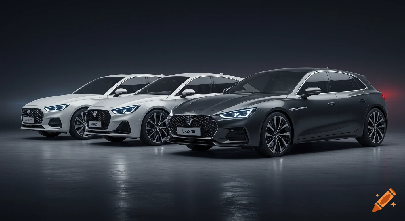 Three luxury sports hatchbacks, one dark grey and two white, are parked side by side in a professional studio setting with cinematic lighting.