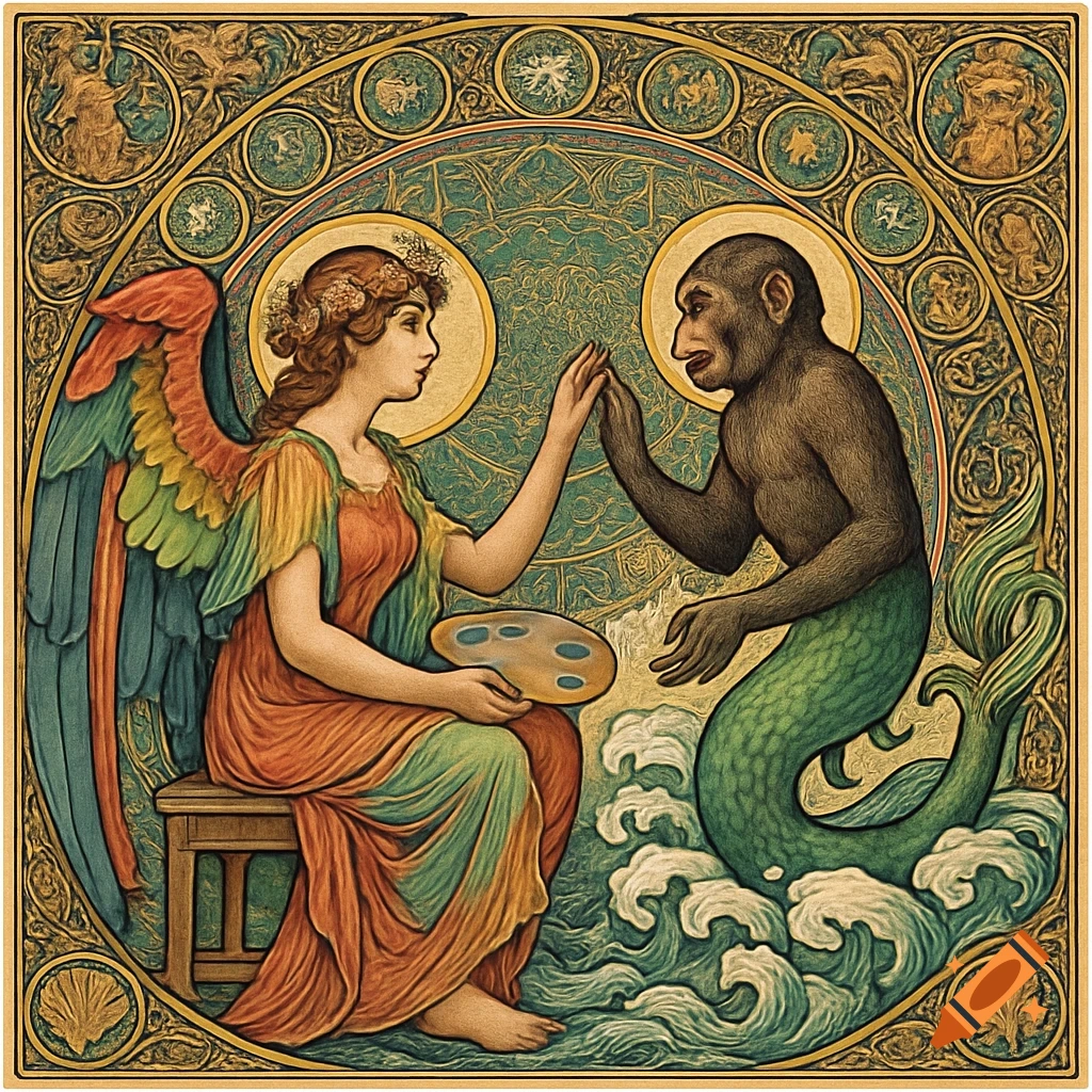 Art Nouveau illustration of a winged woman with a palette touching hands with a chimpanzee merman, surrounded by ornate patterns and waves.