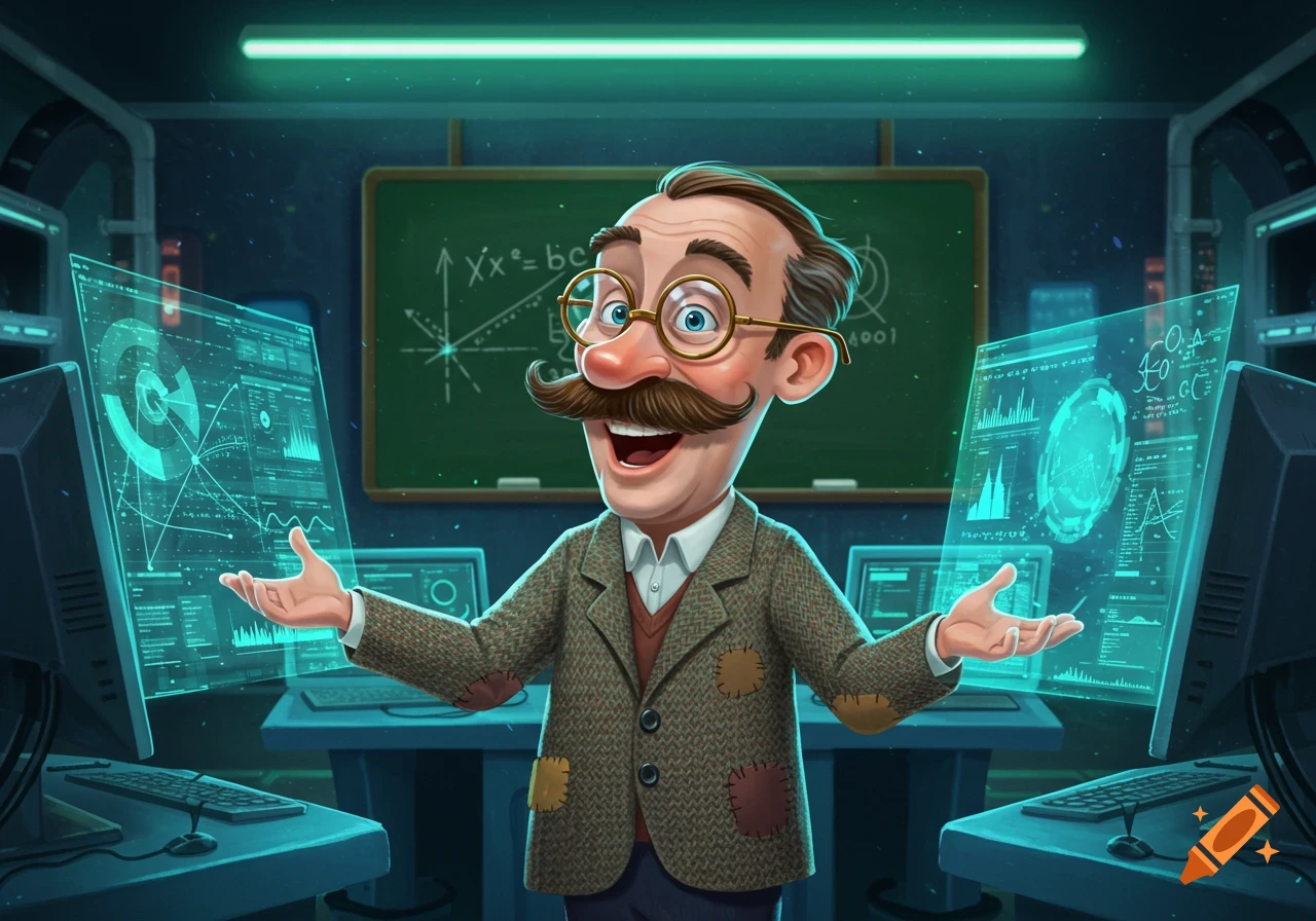 Cartoon professor with a mustache and glasses in a lab with glowing computer screens displaying graphs.