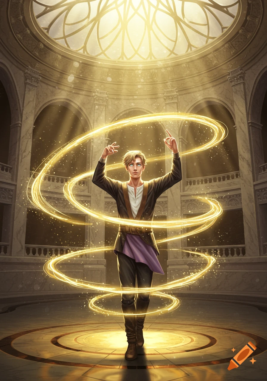 A blonde man in a grand domed hall conducting golden swirling light, digital art.