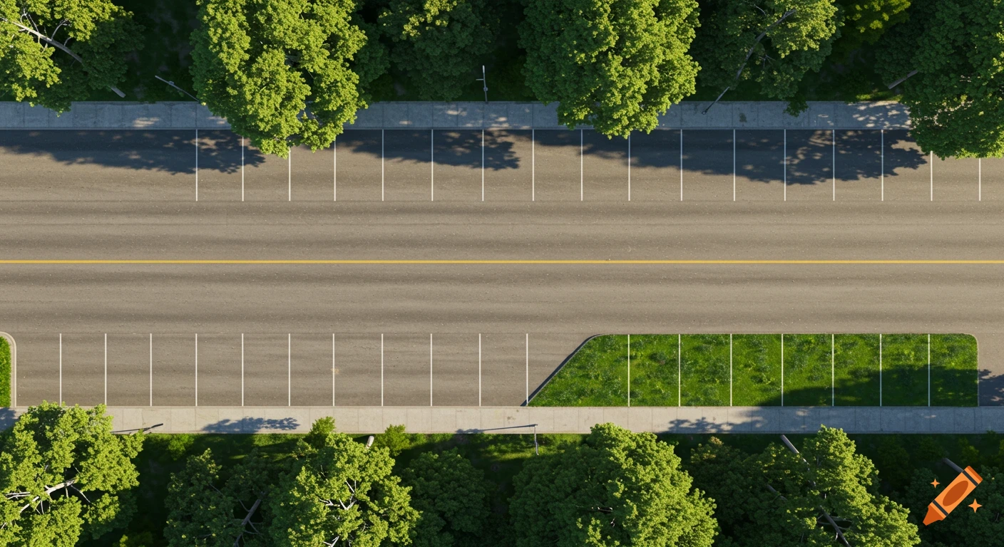 Aerial view of an empty street with parking spaces, sidewalks, and green trees on both sides.