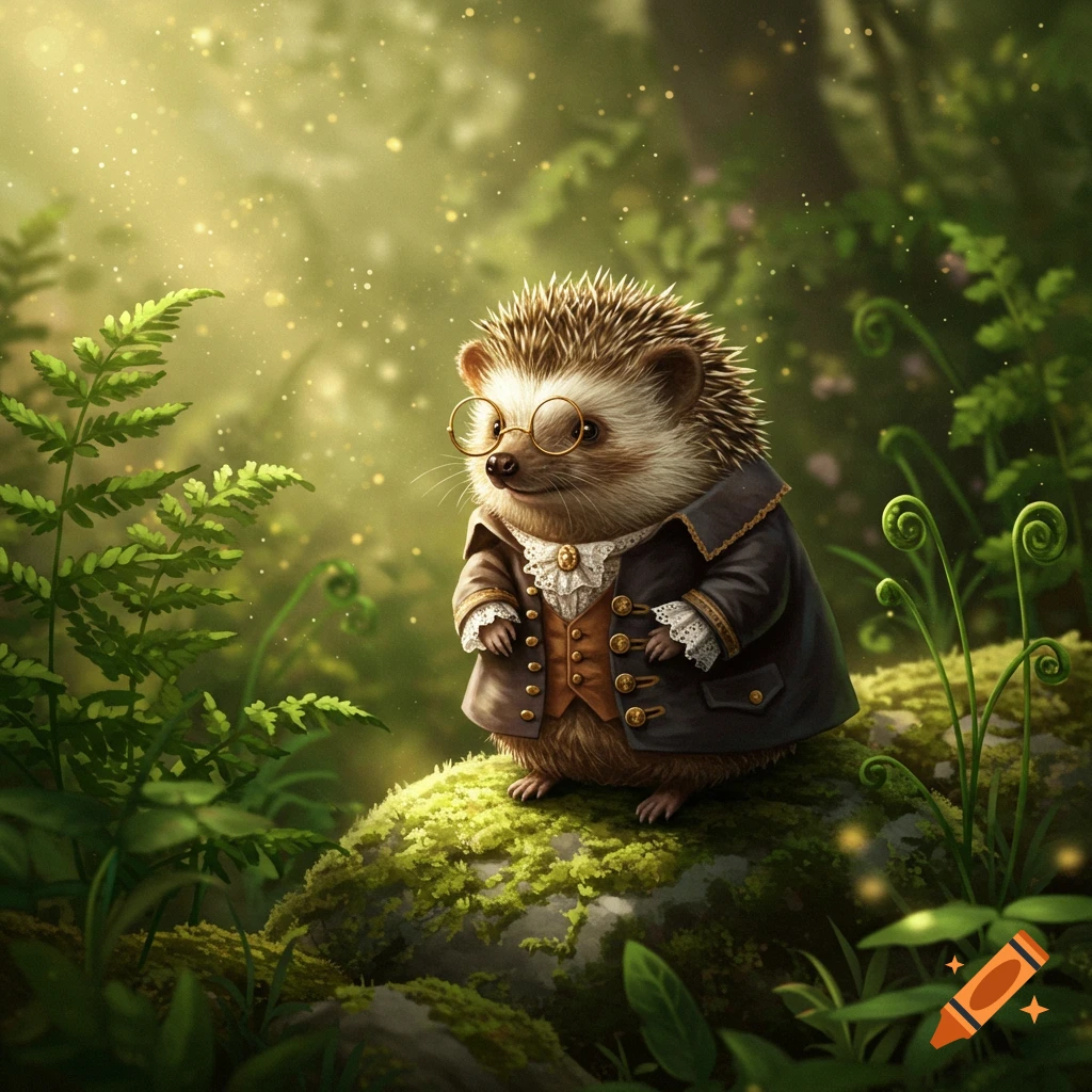 A cute hedgehog in round glasses, a dark coat, and a brown waistcoat stands on a mossy log in a magical forest.