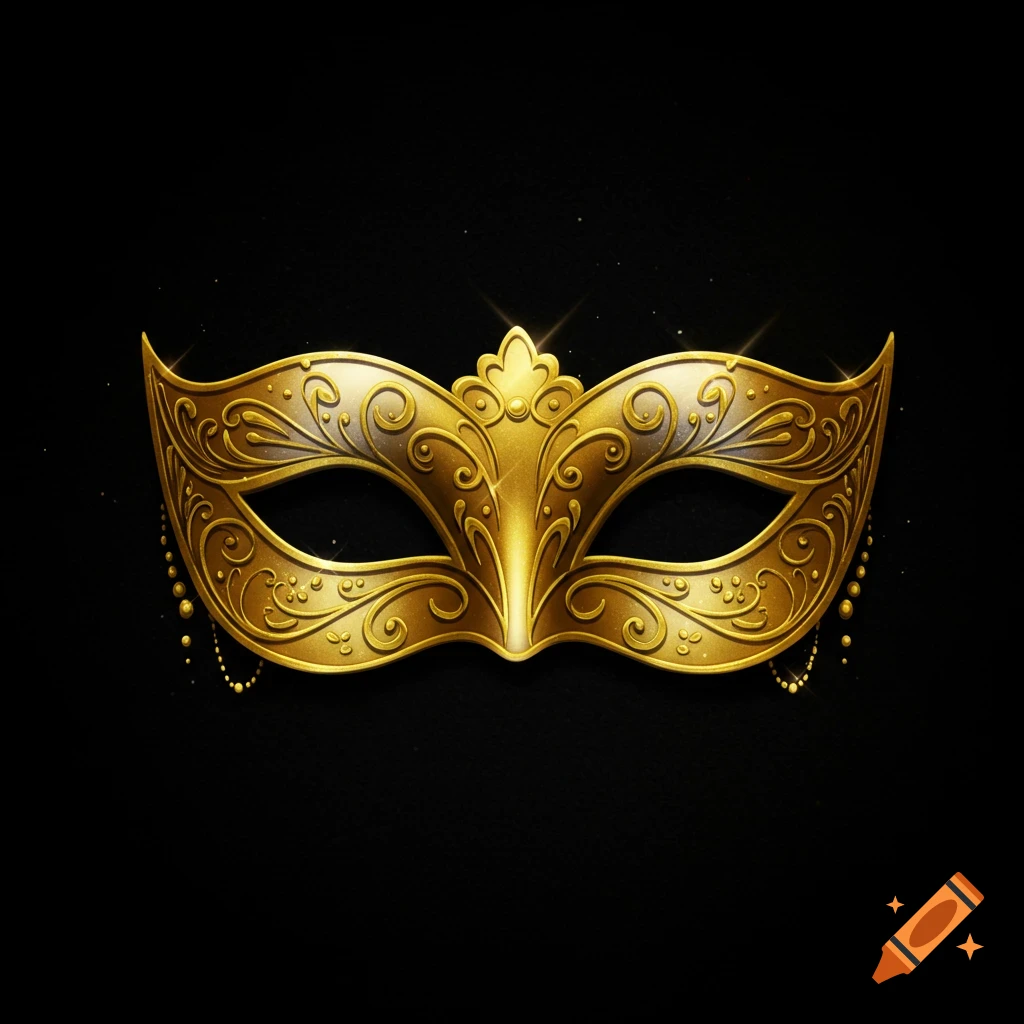 A golden masquerade mask with ornate filigree details and small beaded chains against a black background.