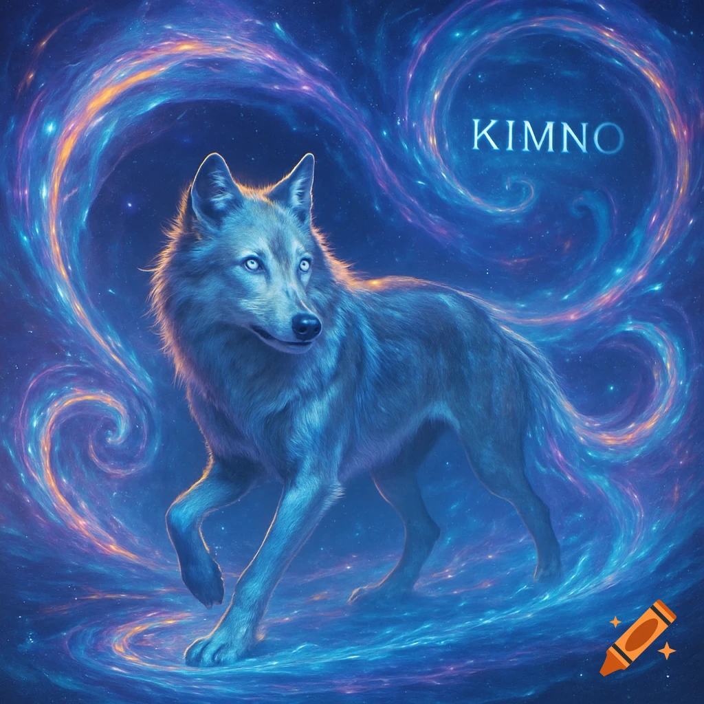 A majestic wolf with glowing eyes stands amidst swirling blue and purple cosmic dust, with the name 'KIMNO' above it.