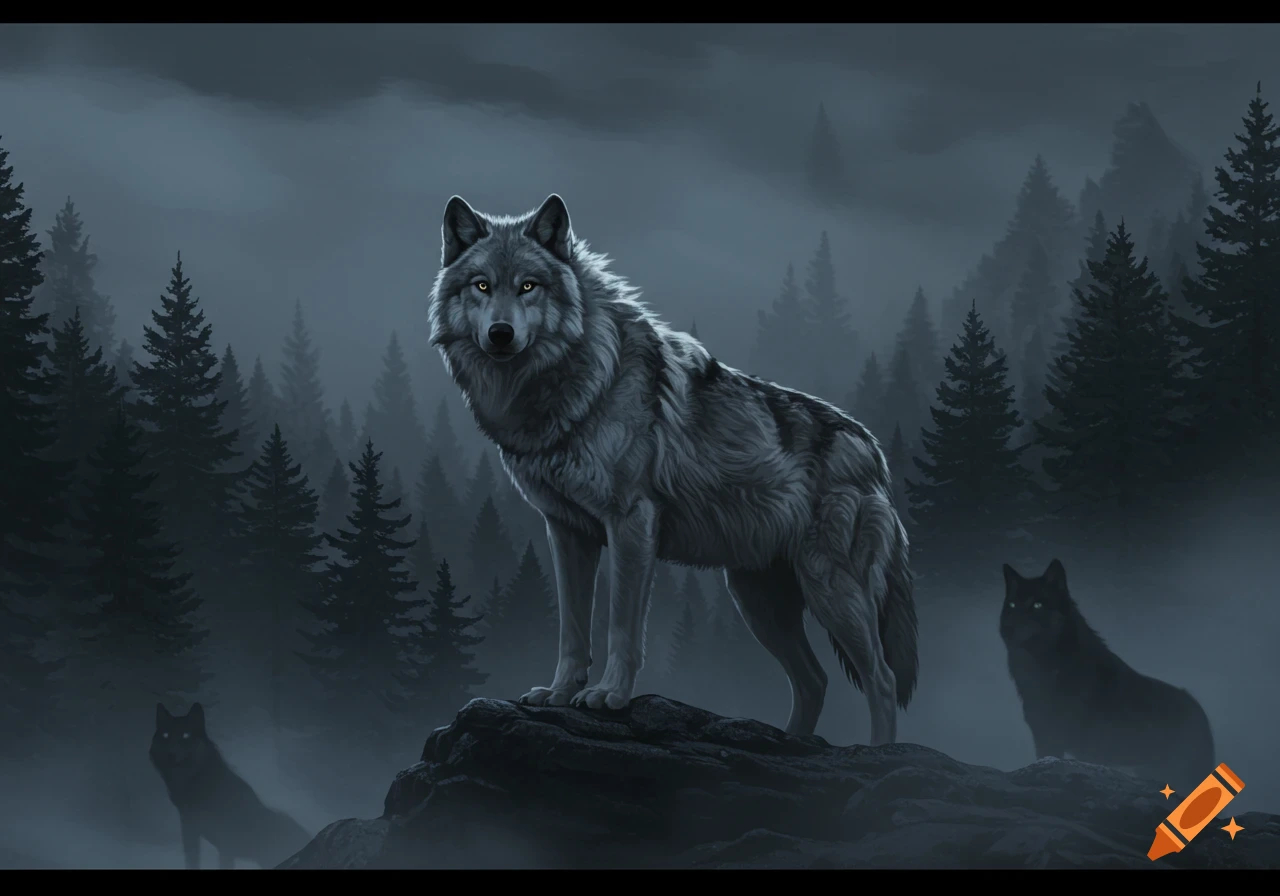 A majestic grey wolf stands on a rock in a dark, misty forest, with two shadowy wolves in the background. Digital art.