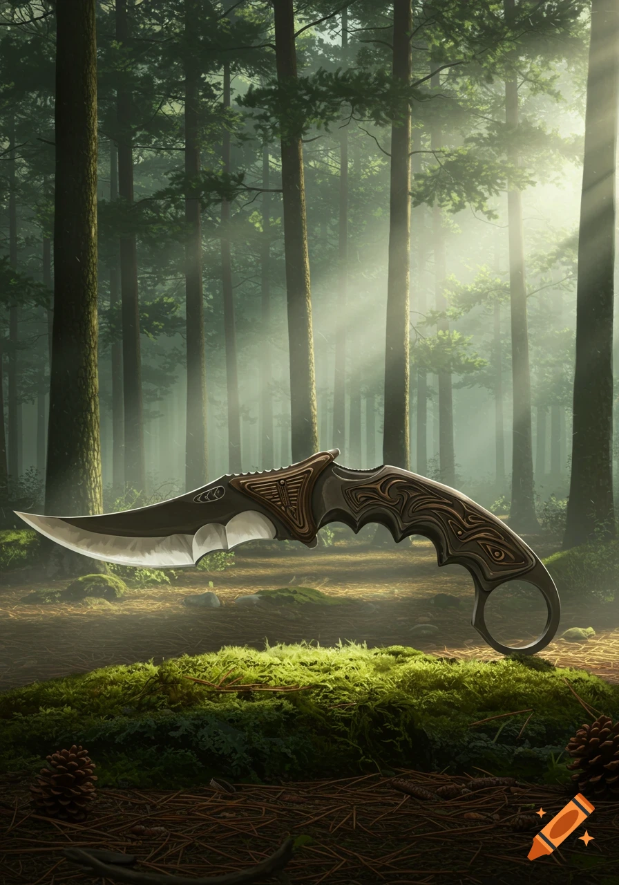 A detailed karambit knife with an ornate handle rests on moss in a sun-dappled pine forest.