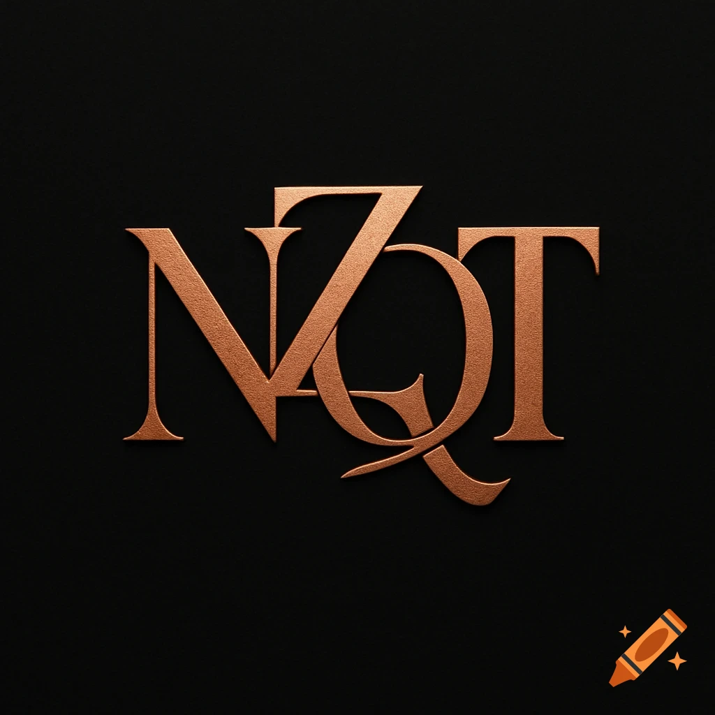 Metallic copper monogram logo for NZQT on a rich black background.
