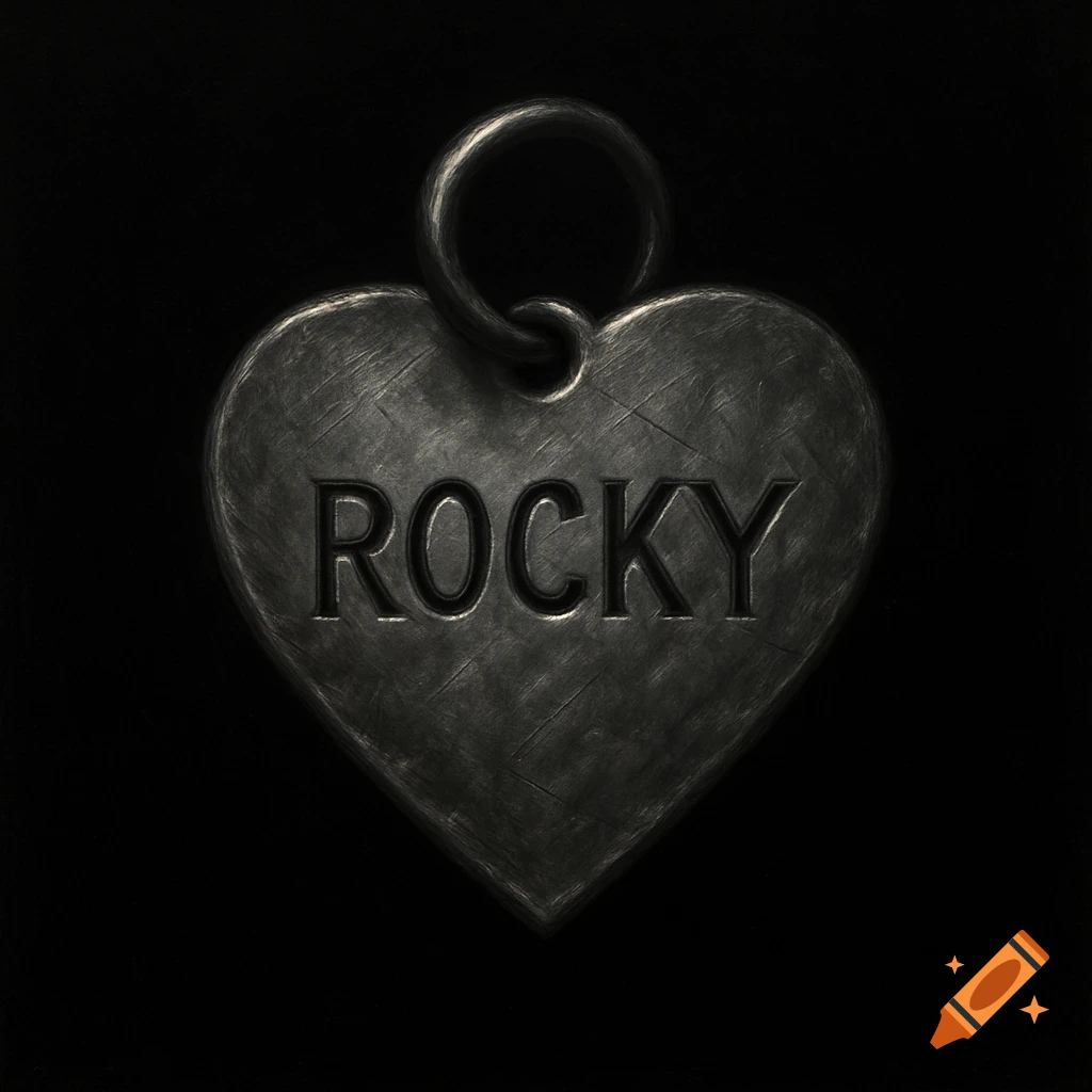 A grunge-style silver heart-shaped dog tag with 'ROCKY' engraved, against a black background.