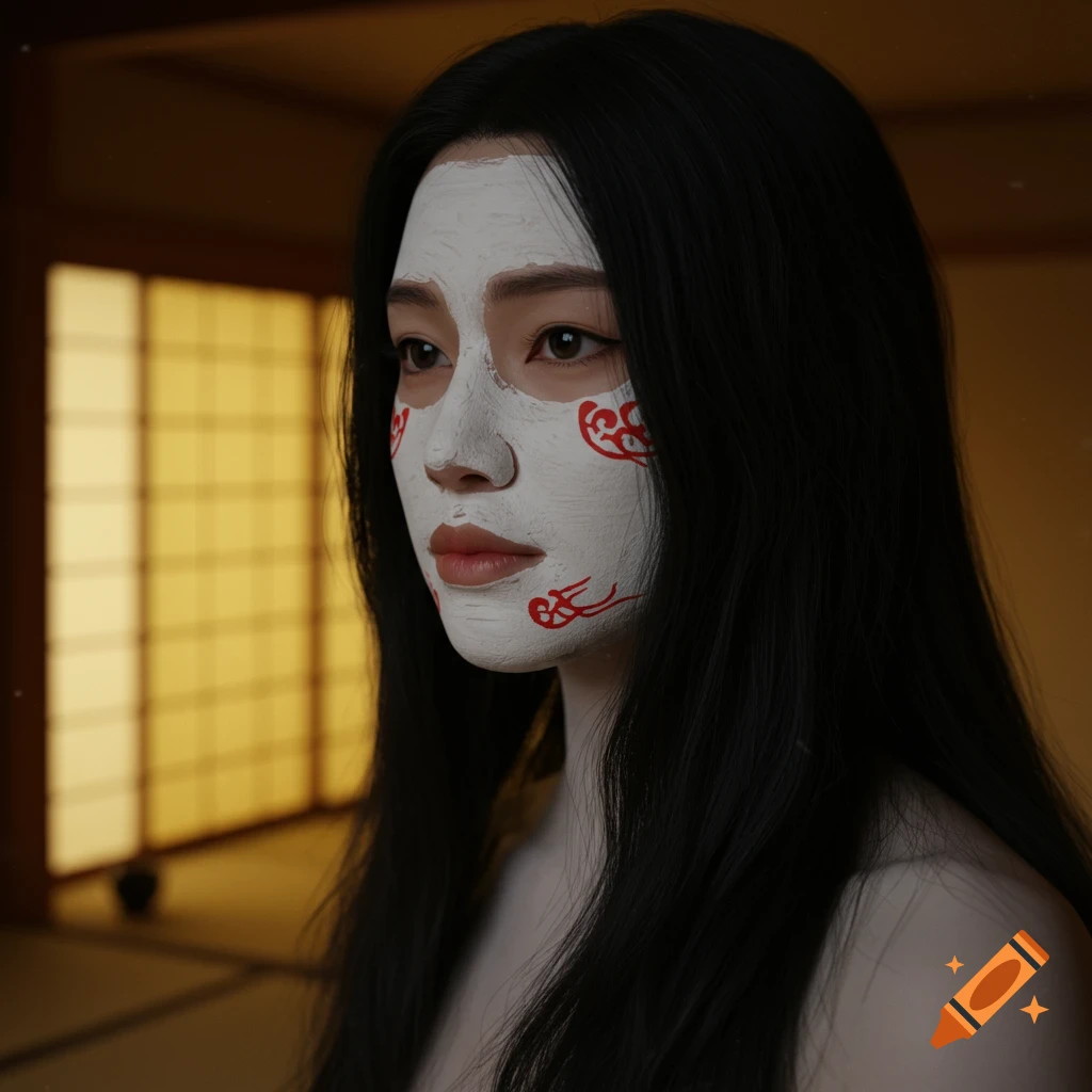Photorealistic portrait of a Japanese woman with white facial makeup and red patterns, long black hair, in a softly lit room.