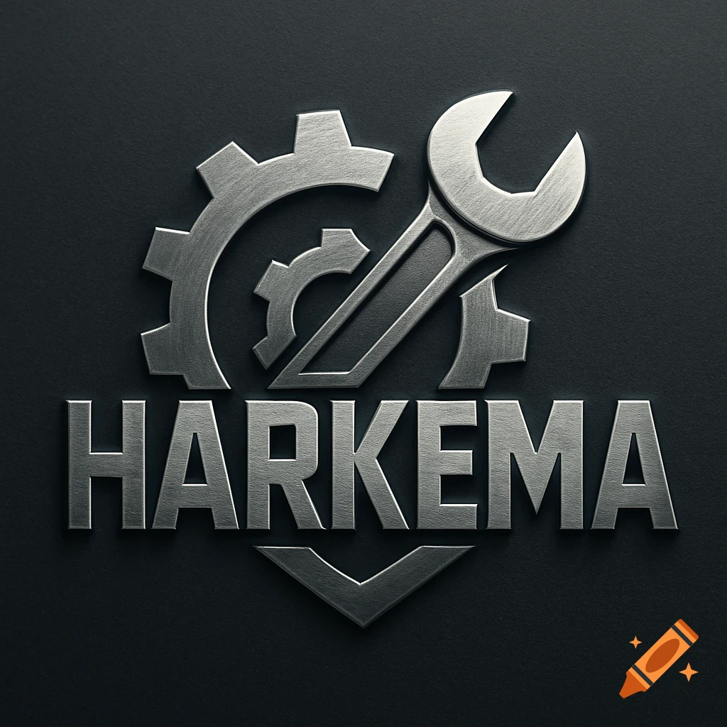 A metallic logo featuring a large gear, a smaller gear, and a wrench with the word HARKEMA underneath.