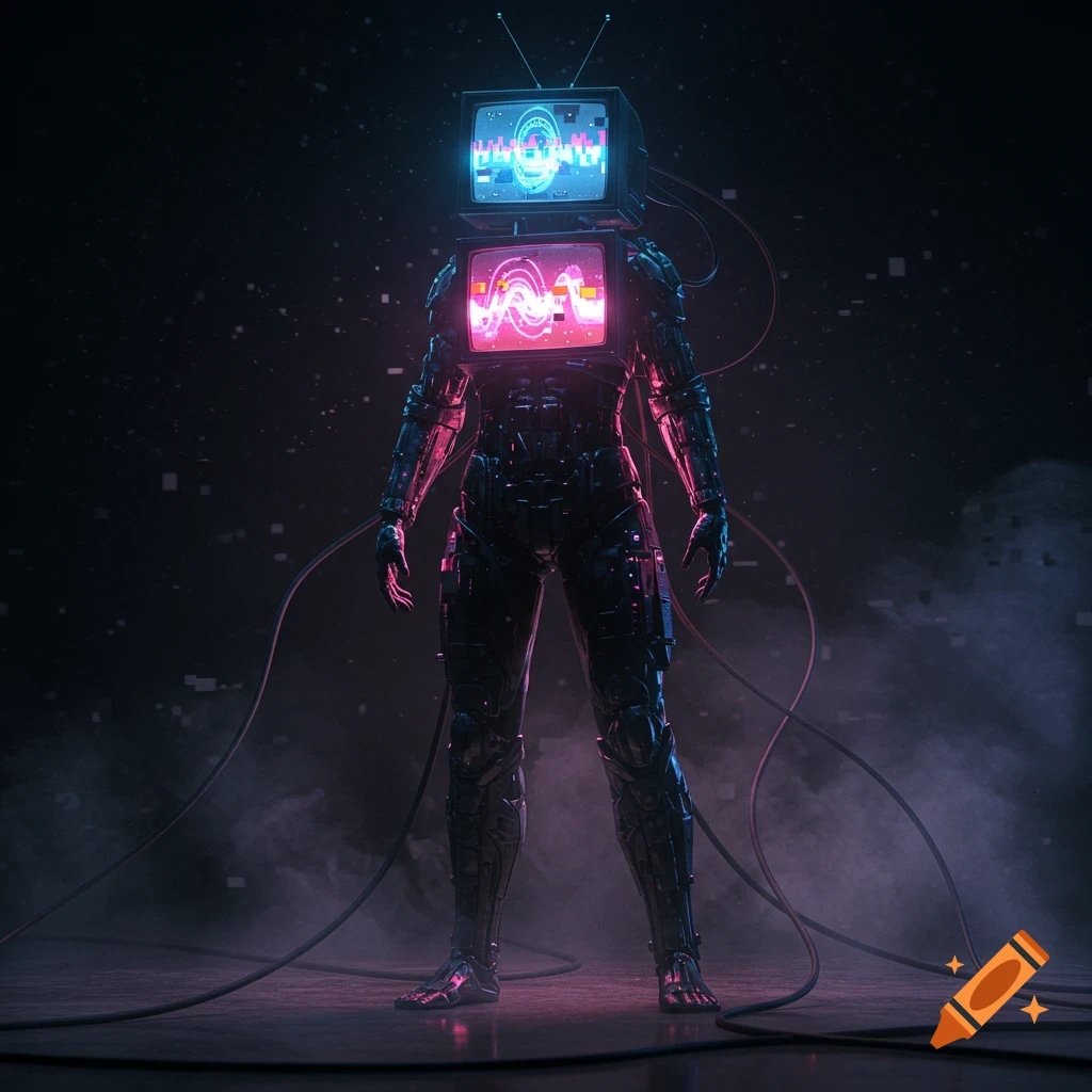 Cyberpunk robot with CRT TV head and chest, glowing with neon static, stands in a dark, wired, smoky room.