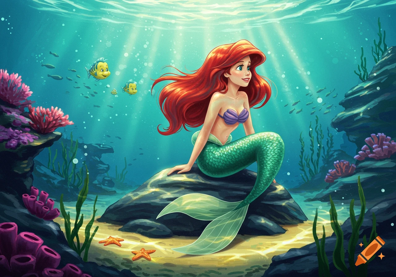 Ariel the Little Mermaid with flowing red hair sits on a rock underwater, surrounded by colorful coral and fish, in an animated style.
