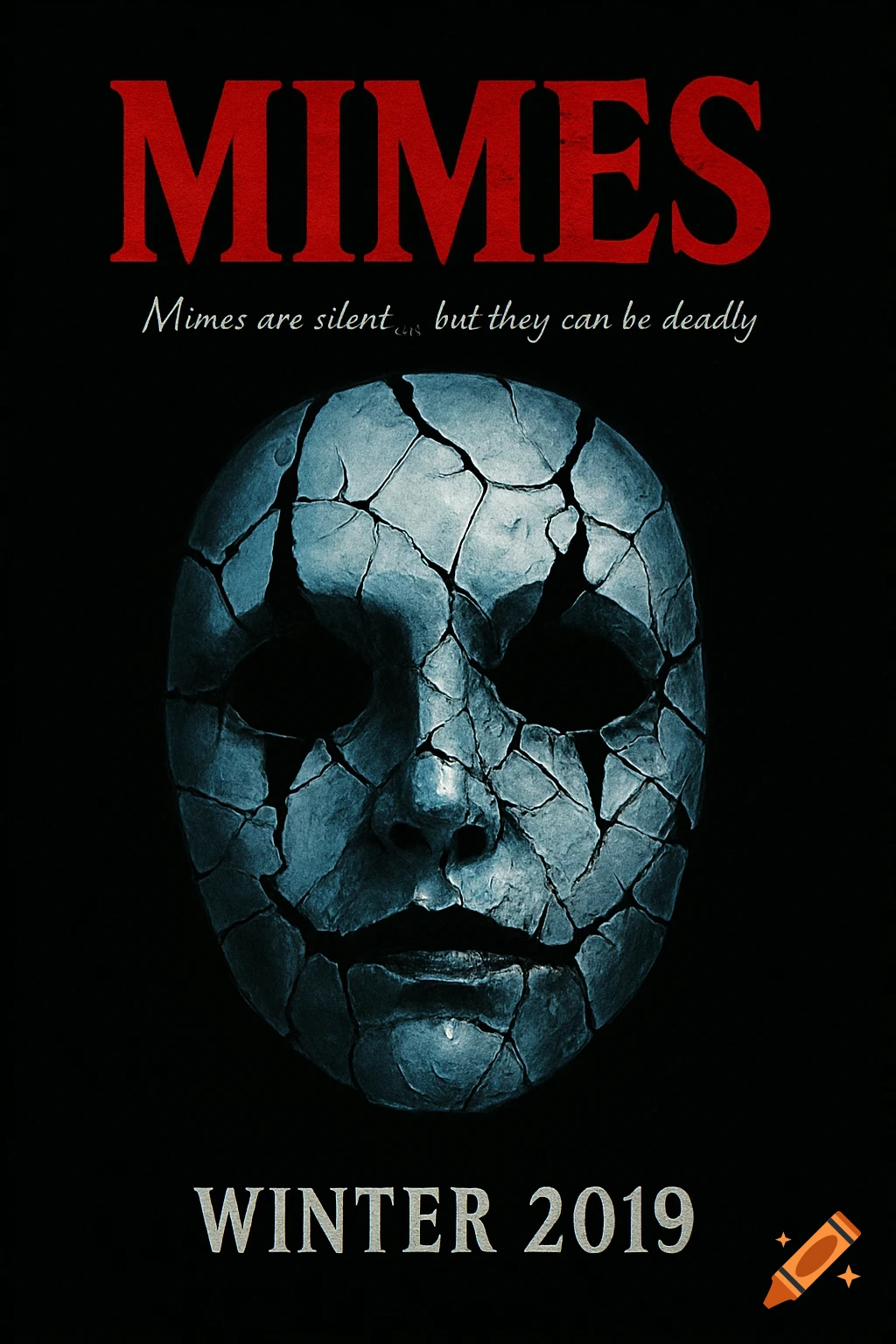 A horror movie poster with a shattered, blue-toned mime mask against a black background. Red text at the top reads "MIMES", with a tagline below, and "WINTER 2019" at the bottom.
