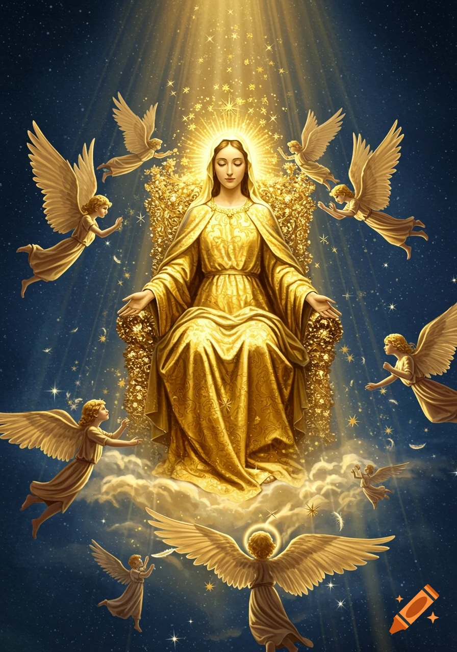 Virgin Mary in a golden gown sits on a luminous golden throne amidst a starry sky, surrounded by flying angels on clouds.