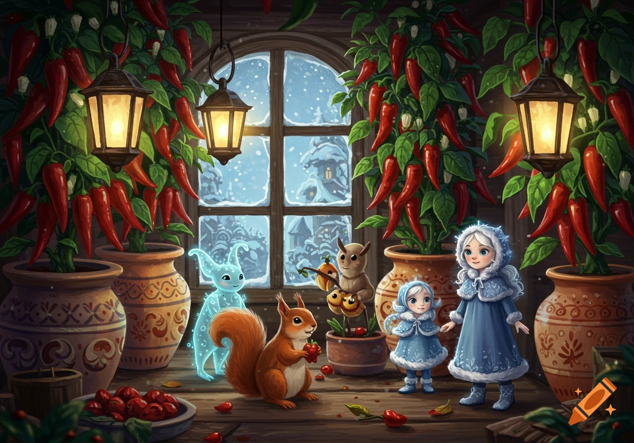 Fairy tale scene: Two girls in blue winter coats, a squirrel, and fantasy creatures in a room with chili plants, snowy window.