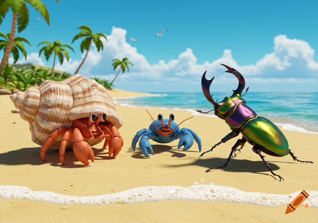 A cute 3D animated hermit crab, blue crab, and iridescent stag beetle on a tropical beach.
