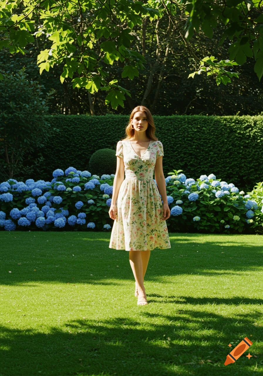 A woman in a floral dress walks on a green lawn with blue hydrangeas and green bushes in the background.