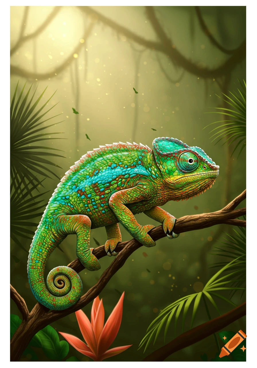 A vibrantly colored chameleon with green, blue, and orange scales sits on a branch in a lush, sunlit jungle, digital art.