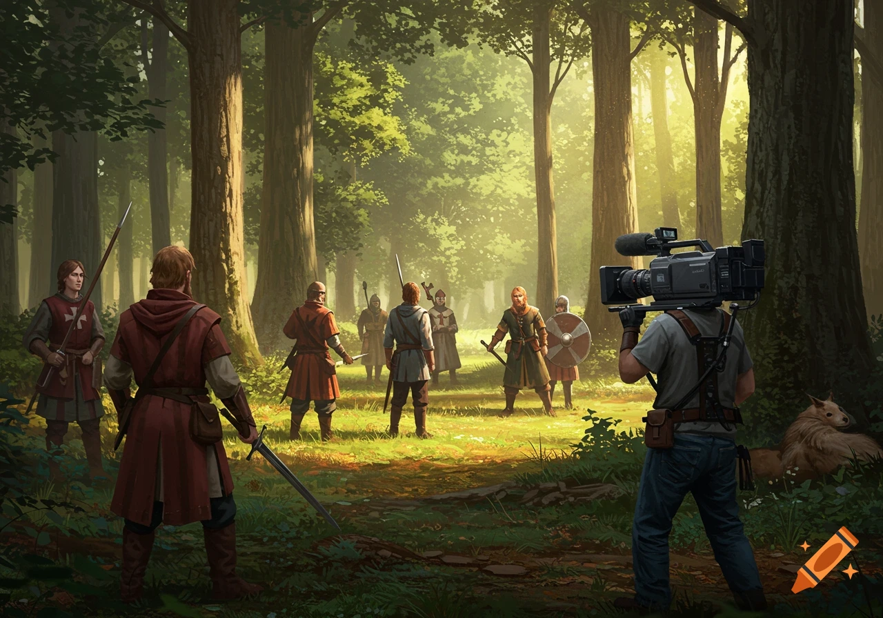 A cameraman films medieval role-players in a sunlit forest, with one character facing the camera and others in the background.
