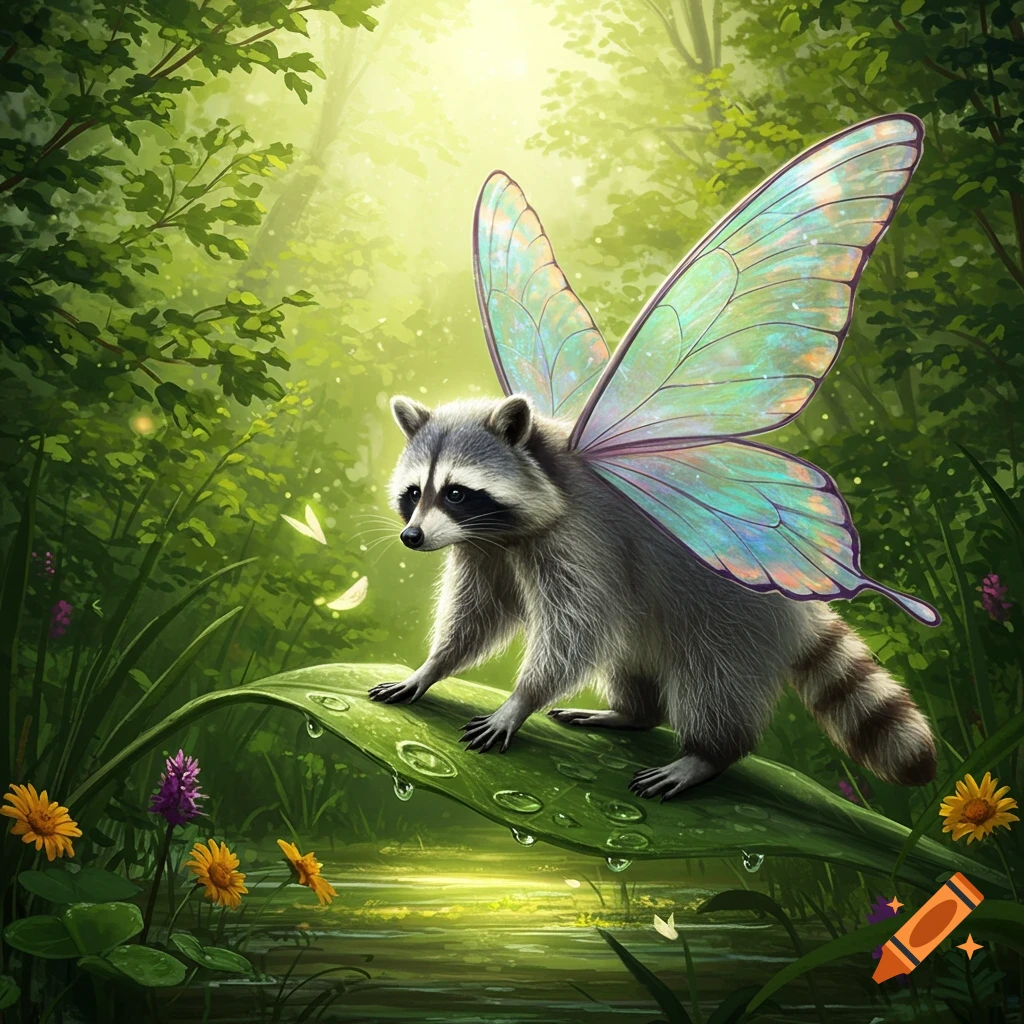A fantasy illustration of a raccoon with iridescent butterfly wings standing on a dewy green leaf in a sunlit forest.