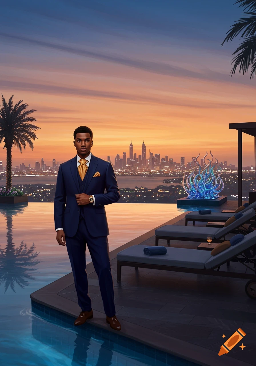 A man in a blue suit and gold tie stands by a rooftop pool overlooking a city skyline at sunset.