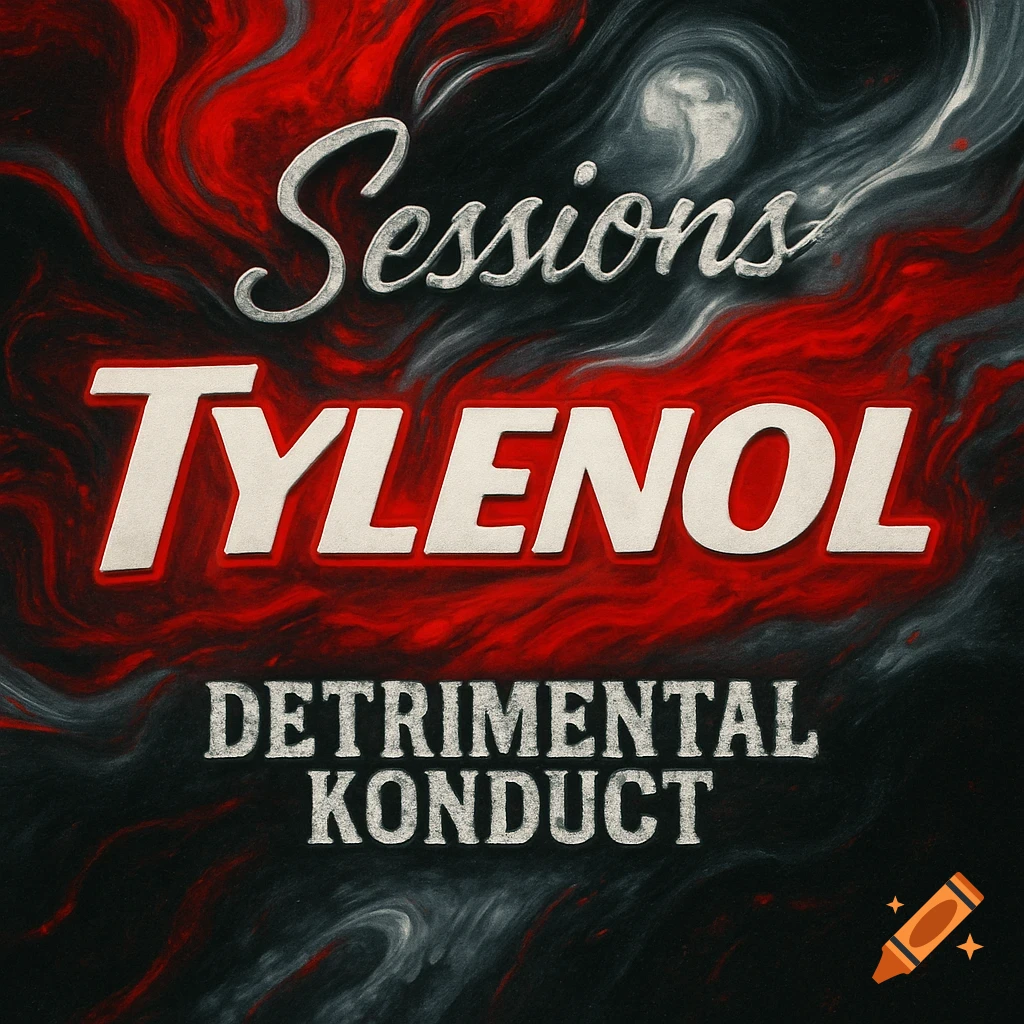 Stylized graphic featuring 'Sessions', 'TYLENOL', and 'DETRIMENTAL KONDUCT' text in white and silver against a swirling red, black, and gray background.