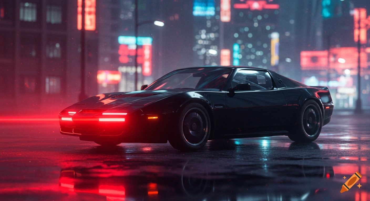 A sleek black car with glowing red headlights on a wet city street at night, with blurred neon lights in the background.