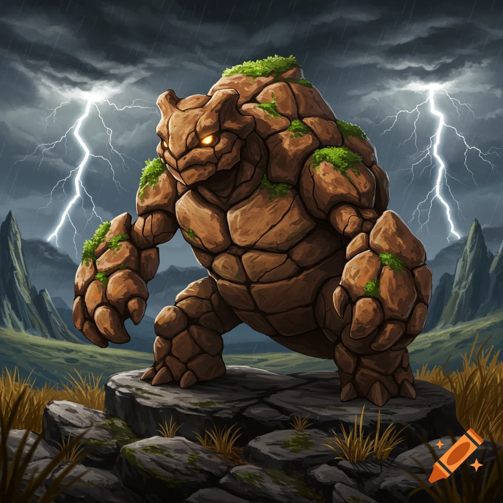 A formidable brown rock creature with moss stands on a rocky hill under a stormy sky with lightning and rain. Fantasy art.