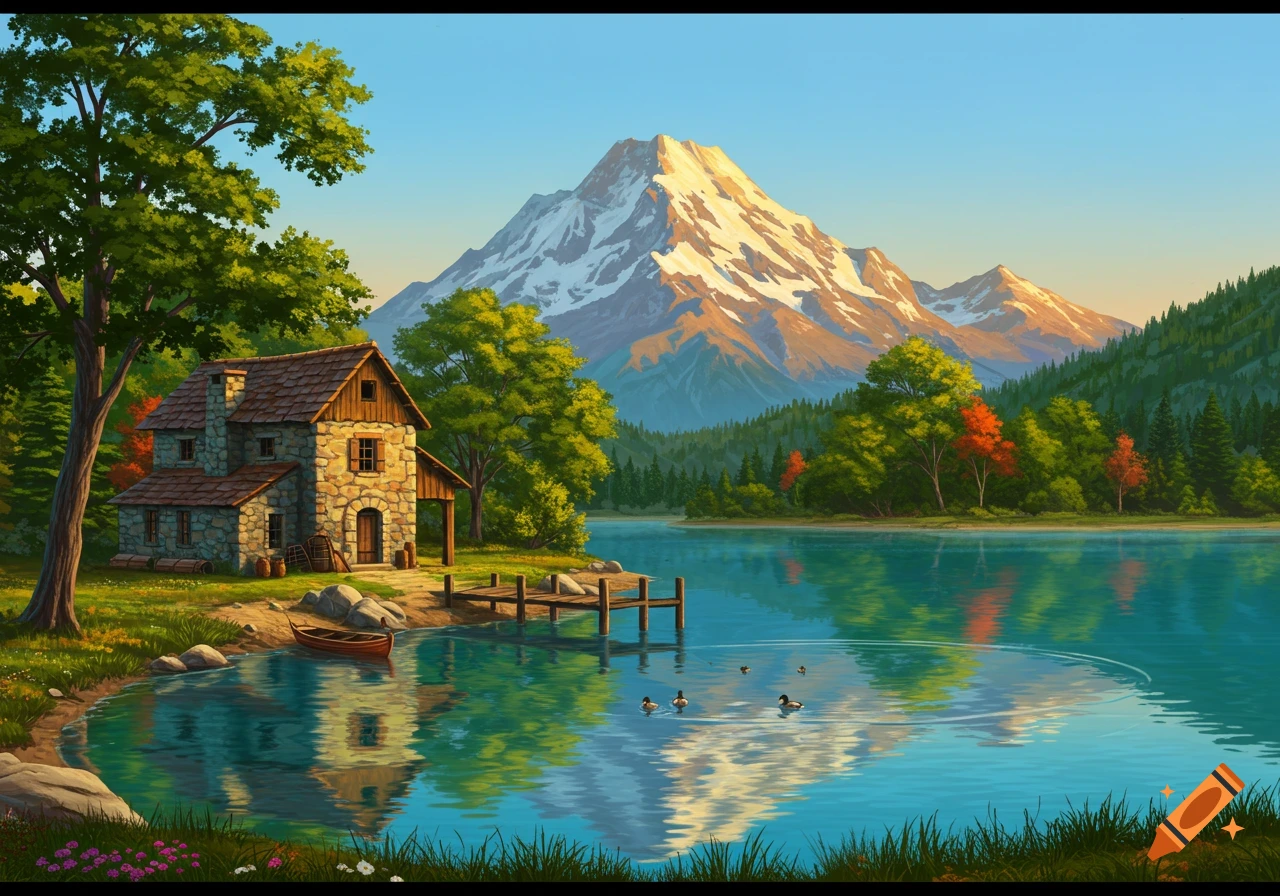 Digital painting of a stone house by a calm lake with a dock, boat, and ducks, backed by a snow-capped mountain.