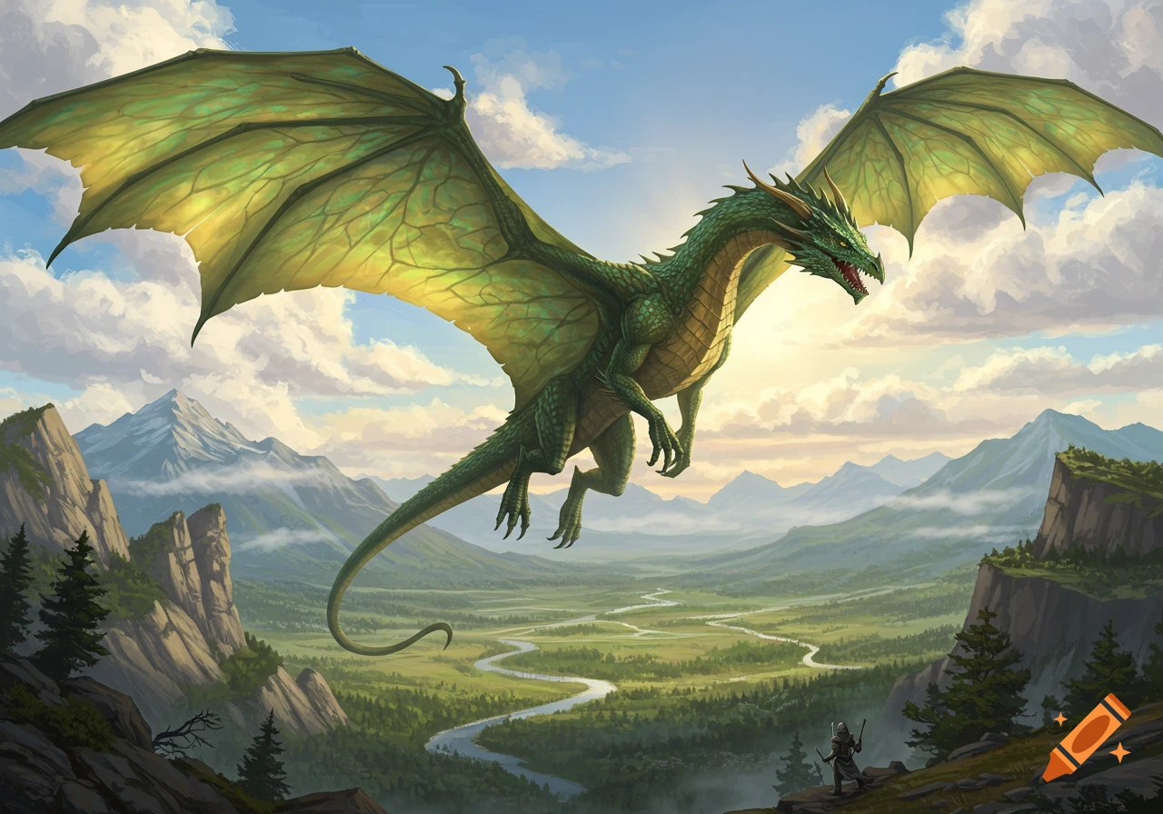 A majestic green dragon soars with wide wings over a lush valley, snow-capped mountains, and a small adventurer on a cliff.