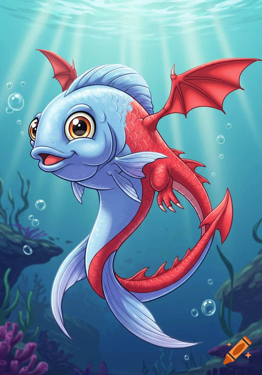 A cute blue cartoon fish with a red dragon's tail and wings swims in blue ocean water, surrounded by bubbles and coral.