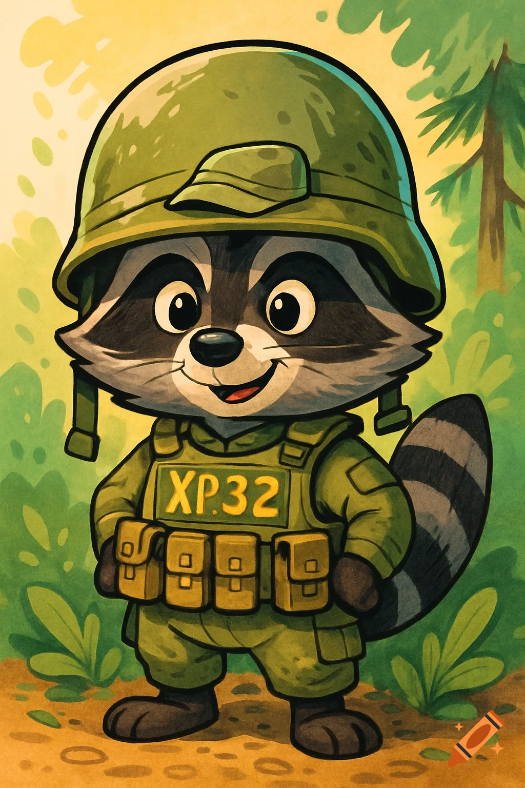 Cartoon raccoon wearing an olive green army helmet and vest with 'XP.32' on the chest, standing in a forest.