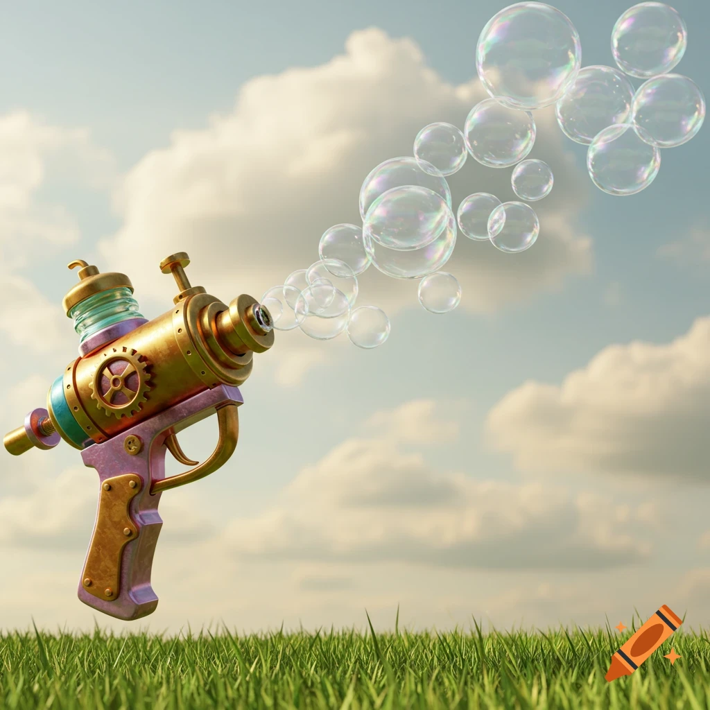 A detailed steampunk bubble gun floats above green grass, blowing bubbles against a cloudy blue sky.