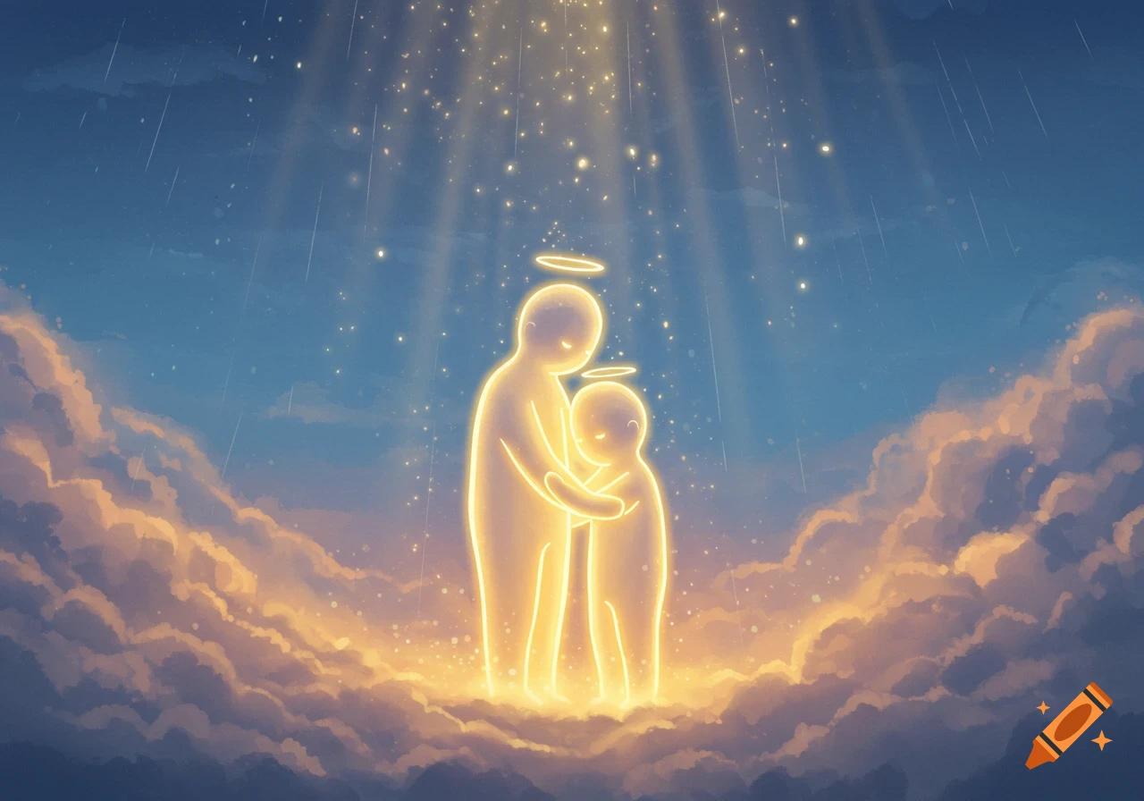 Two glowing, ethereal figures with halos hug amidst golden clouds under shimmering light rays.