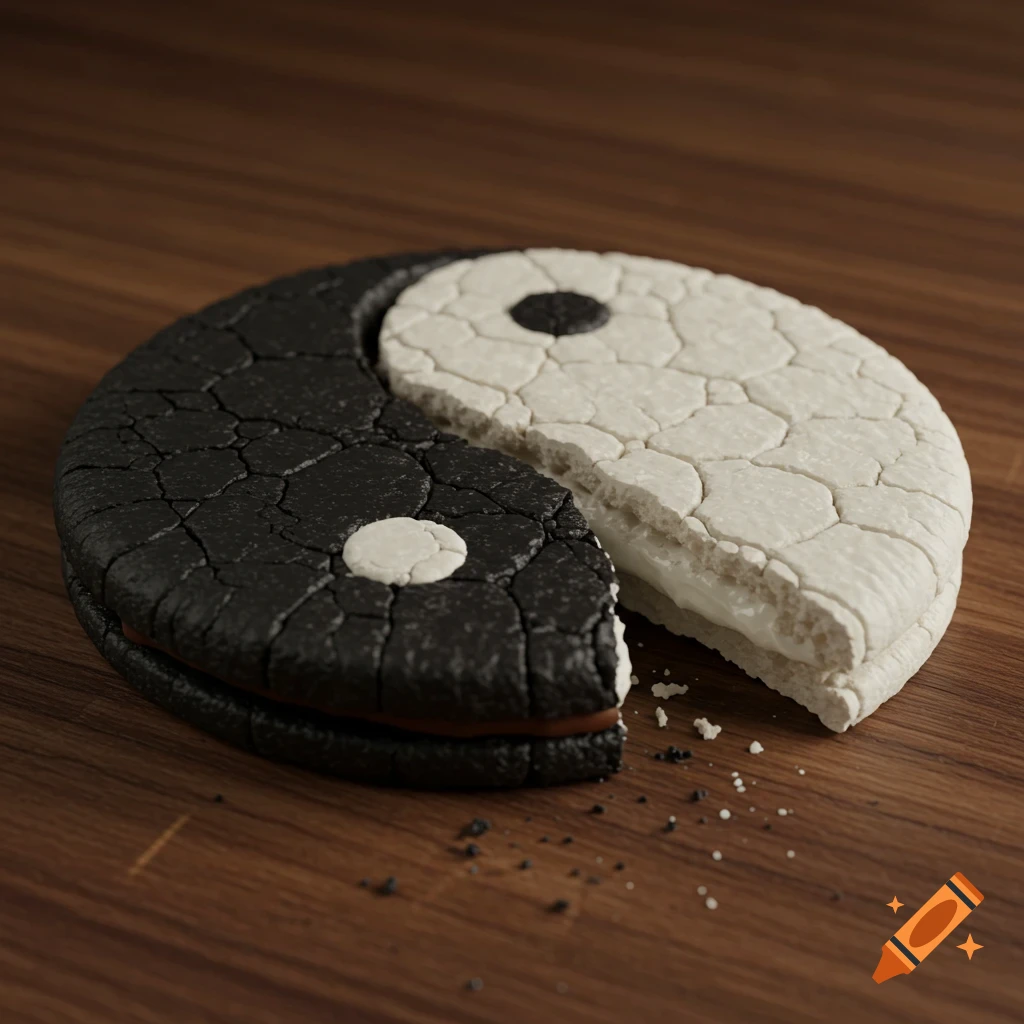 A black and white cookie, shaped like a yin-yang symbol, is broken in half on a wooden surface, showing cream and chocolate layers.