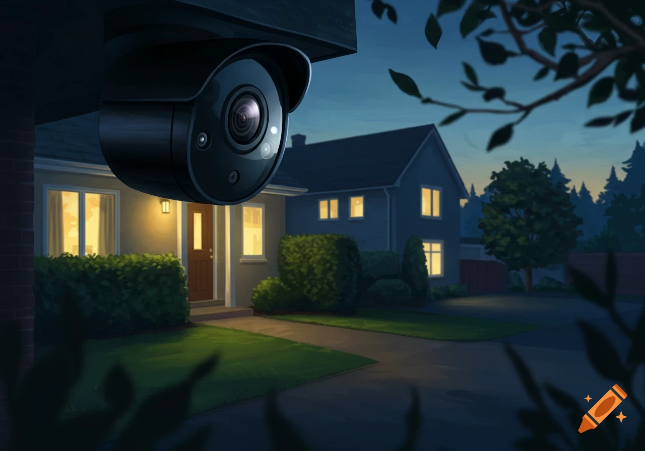 A black security camera overlooks a suburban home and yard at night, with illuminated windows.