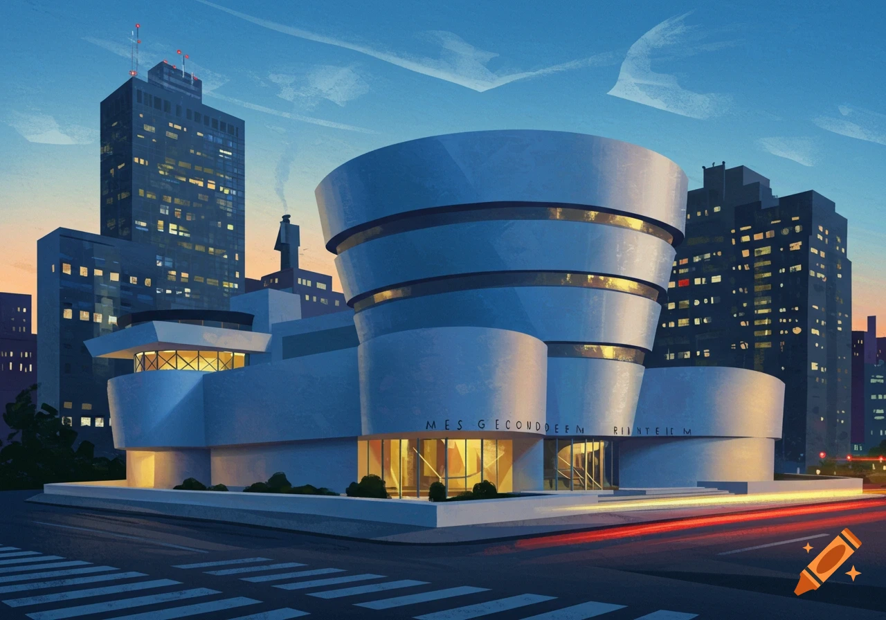 Stylized illustration of the Guggenheim Museum, a curved white building, at dusk in New York City with other buildings and street lights.