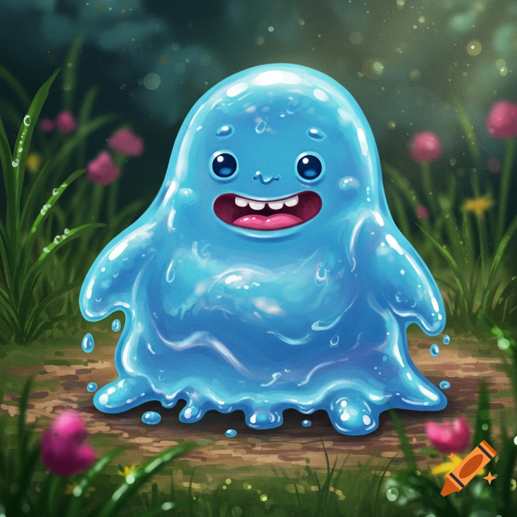 A whimsical illustration of a smiling blue blob creature on a forest path with green grass and pink flowers.